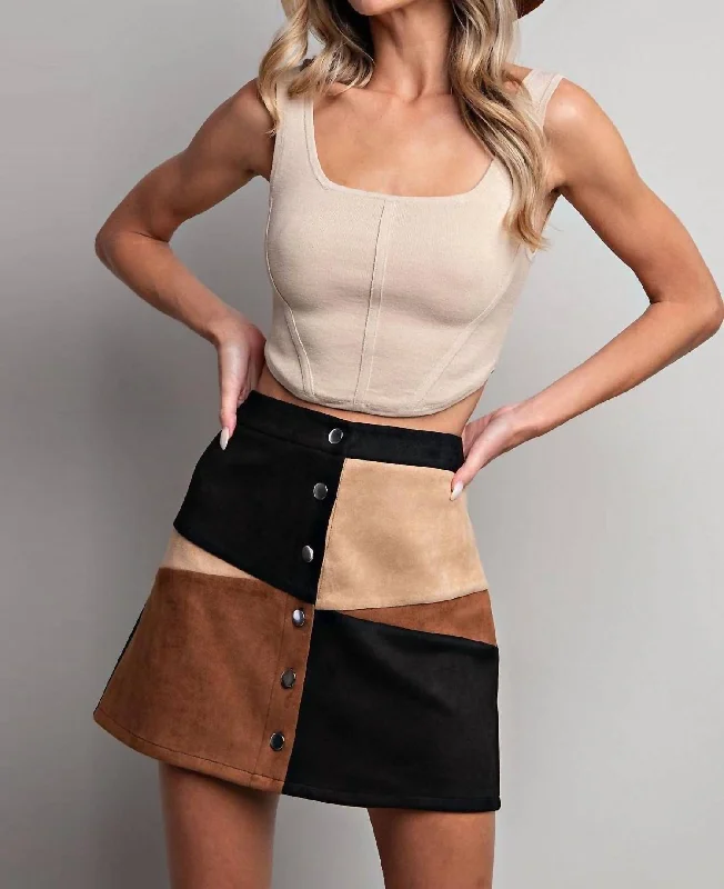 Color Block Button Down Mini Skirt In Black/brown/tan