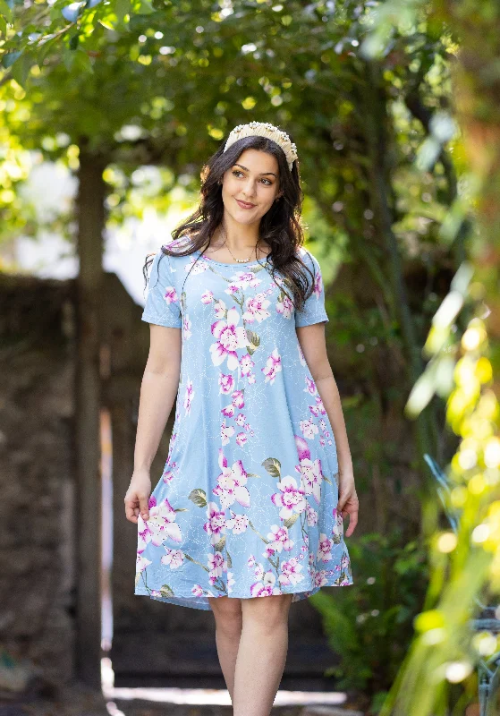 Women Short Sleeve Blue Floral Print Swing T-Shirt Dress