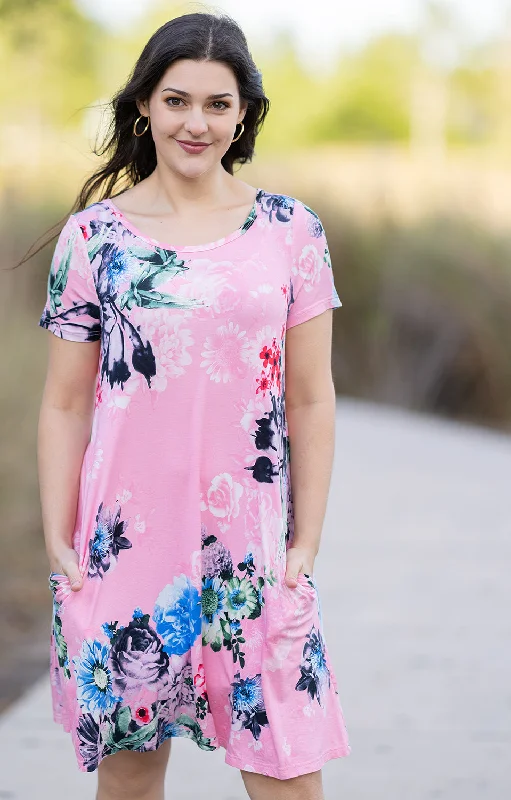 Women Short Sleeve Pink Floral Print Swing Comfy Summer Beach Dress, T-Shirt