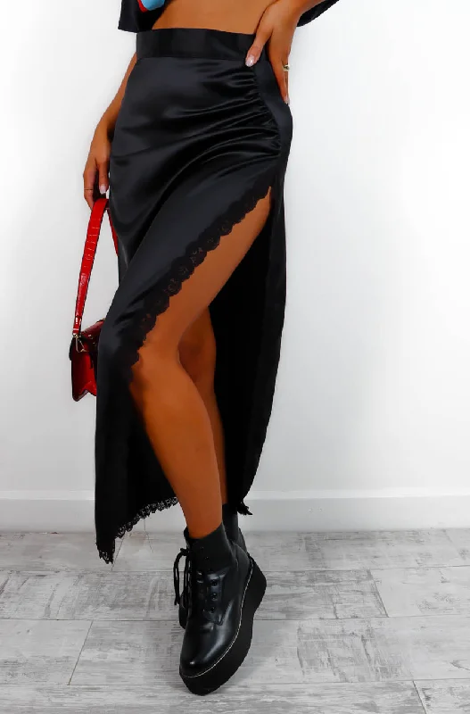 Lace Off - Black Split Leg Midi Skirt