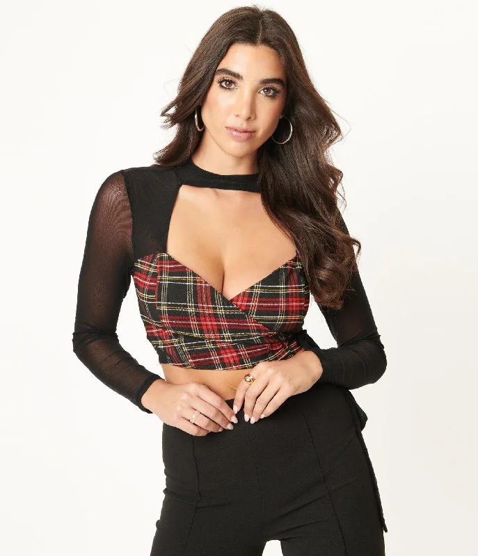 Red & Black Plaid Wrap Crop Top