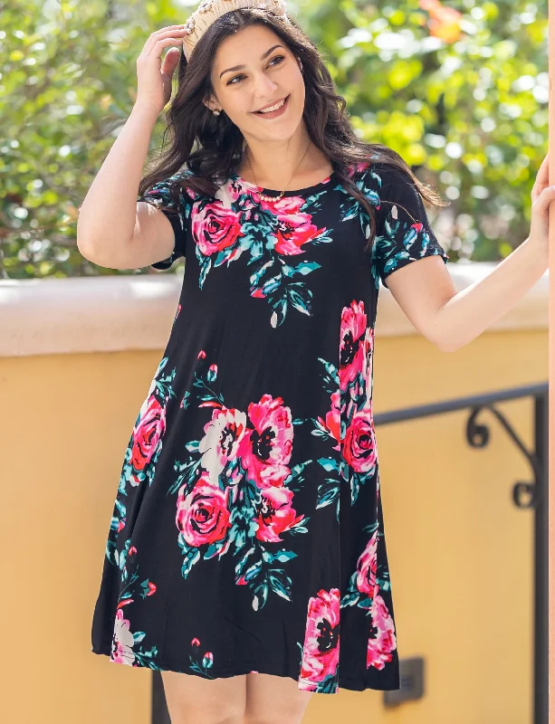 Women Short Sleeve Black Floral Print Swing T-Shirt Dress