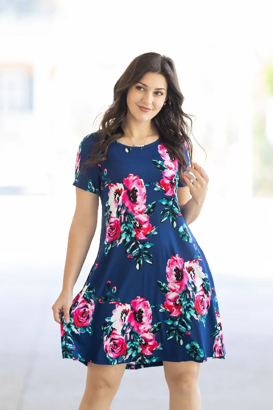 Women Short Sleeve | Navy Floral Print Swing | T-Shirt Dress