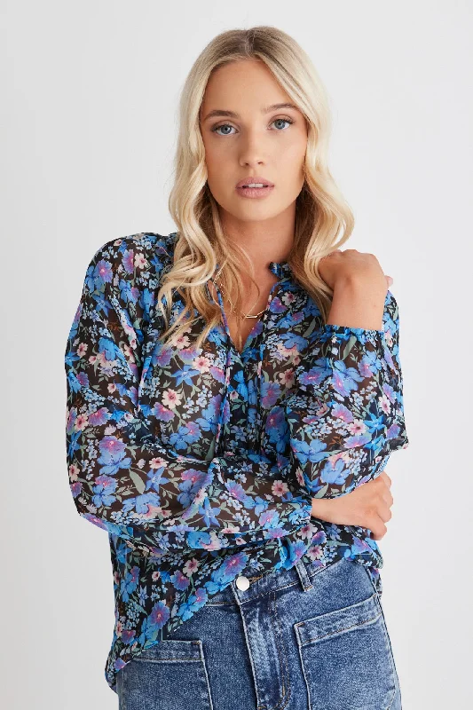 Deft Blue Floral Shirred LS Button Blouse