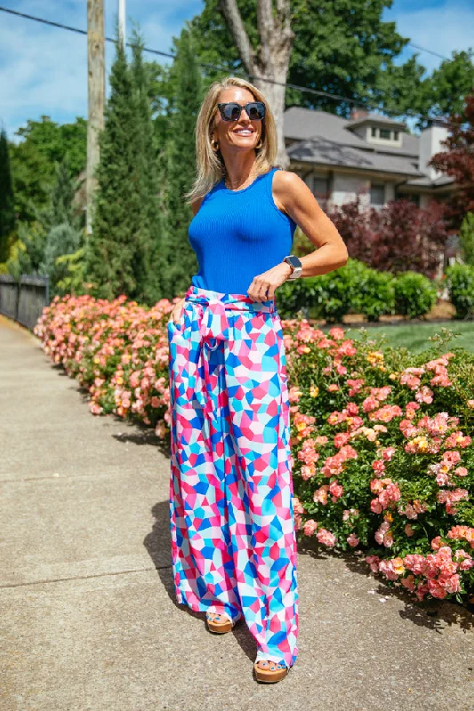 Fashionably Late Geometric Blue And Pink Belted Pants Kalee Rogers X Pink Lily