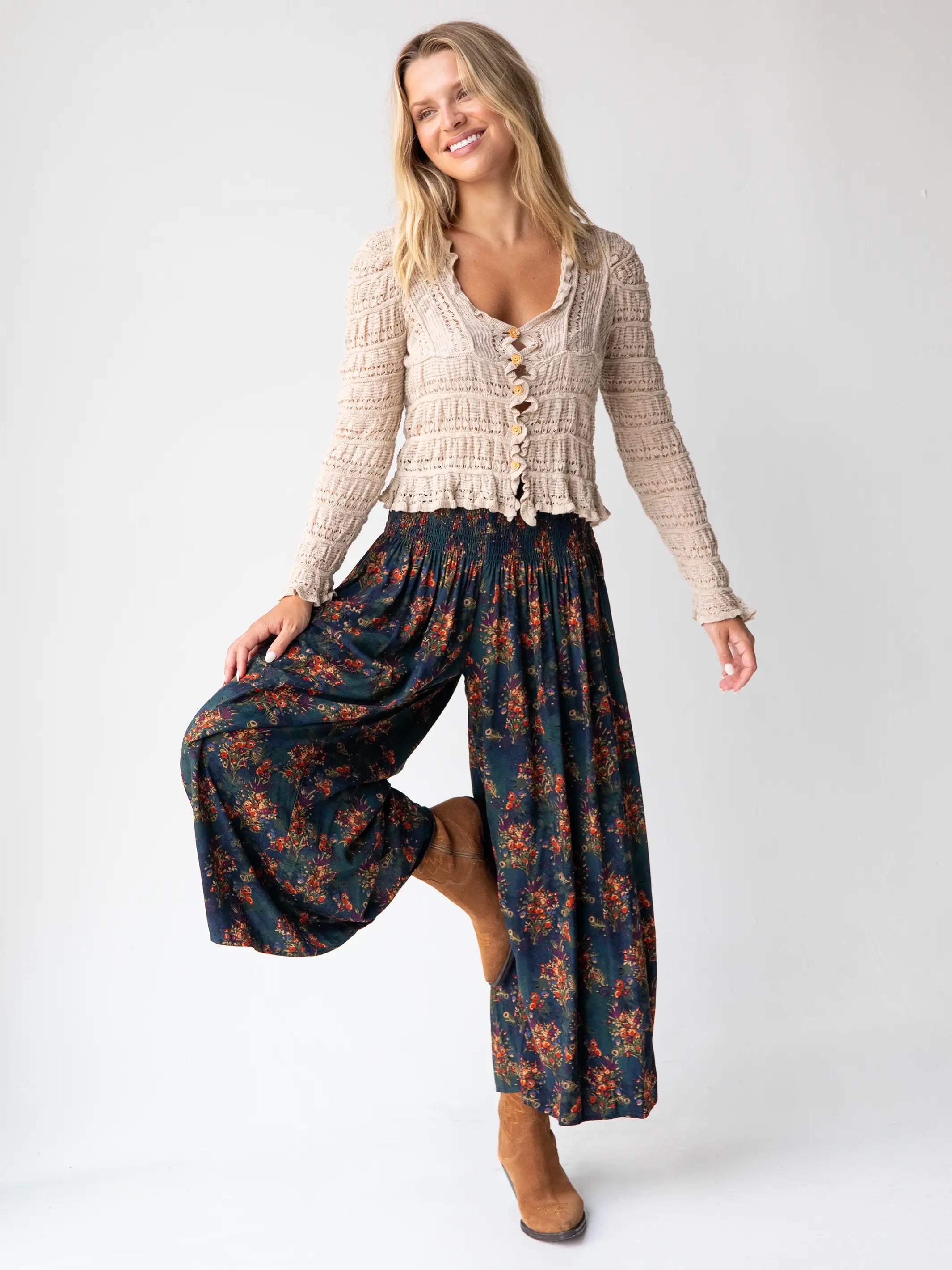 Make A Move Wide-Leg Palazzo Pant - Navy Red Feathers