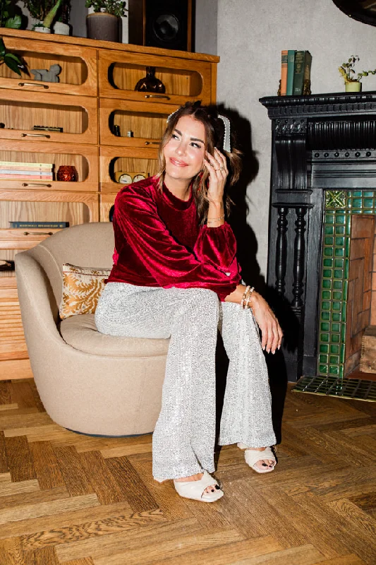 Queen of Quoin Silver Sequin Flare Pants Amber Massey X Pink Lily