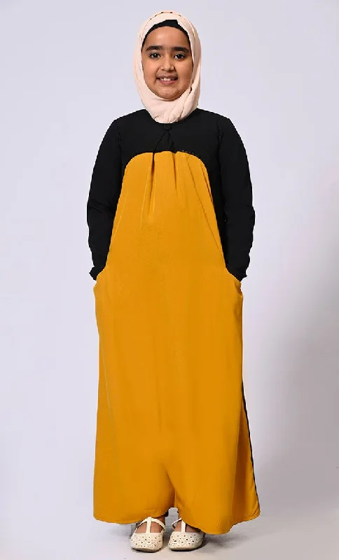 Girl's Mustard Abaya with Inverted Box Pleat and Contrasting Yoke Panel