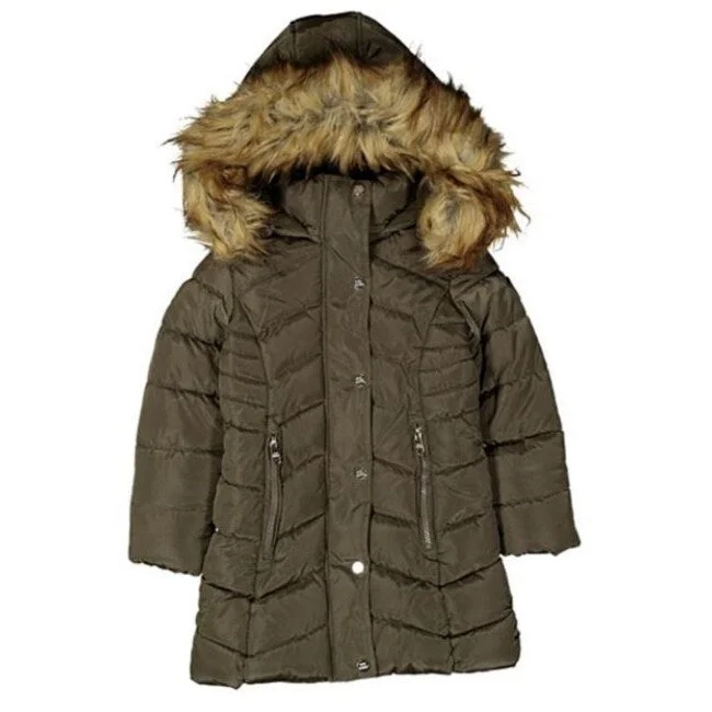 Madden Girl Junior's Hooded Faux Fur Trim Puffer Coat Green Size Small