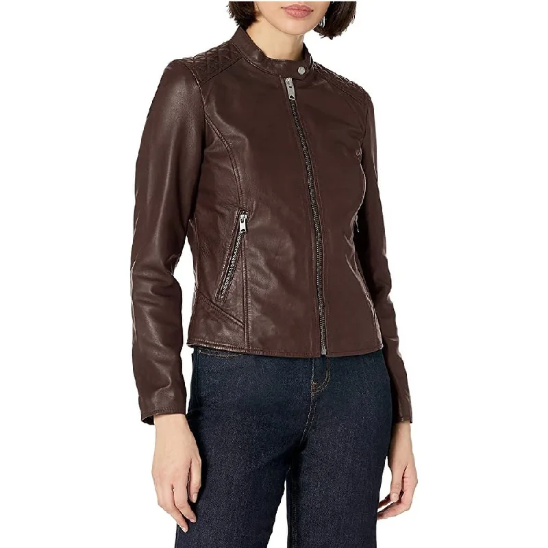 Marc New York By Andrew Marc Women's Stand-Collar Quilted-Shoulder Leather Moto Jacket Brown Size Small