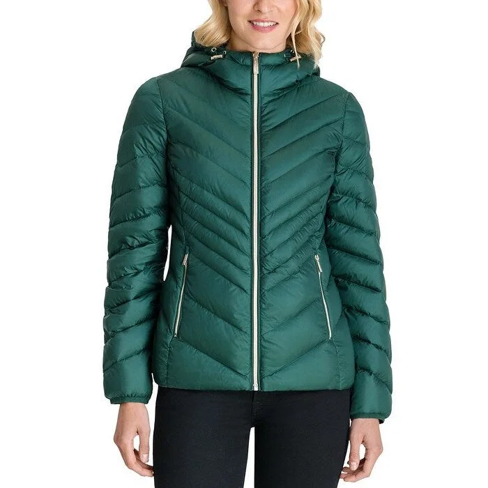 Michael Michael Kors Women Green Chevron DoubleLayer Zipper Hooded Packable Coat