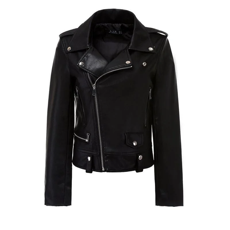 Synthetic Leather Black Zipper Jacket with Turn-Down Collar for Women Bikers