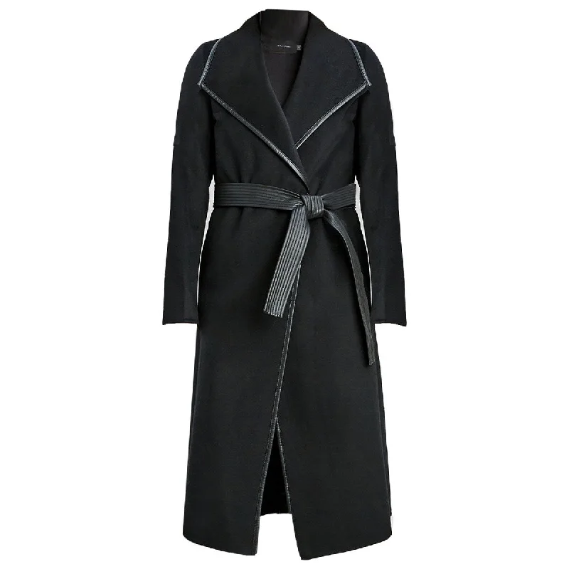 Tahari Women's Juliette Double Face Wool Belted Coat with Faux Leather Trim, Black