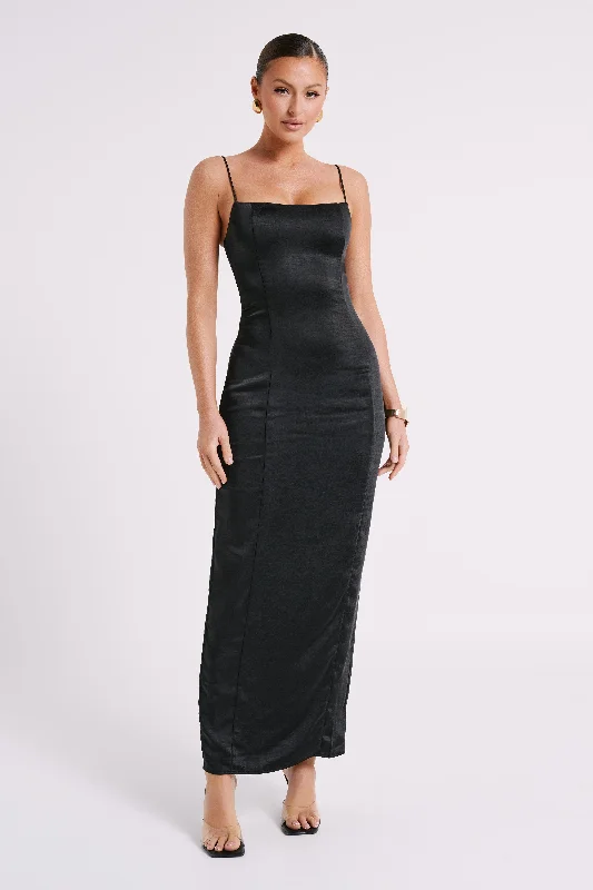 Chrisley Satin Maxi Dress With Split - Black