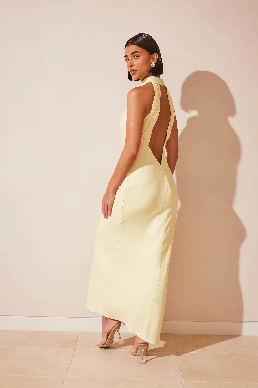 Claire Matte Satin Drape Back Maxi Dress - Light Yellow