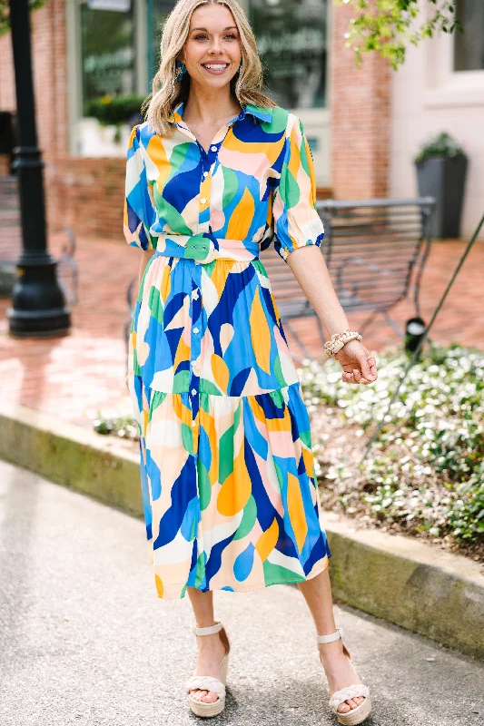 Get The Look Blue Abstract Midi Dress