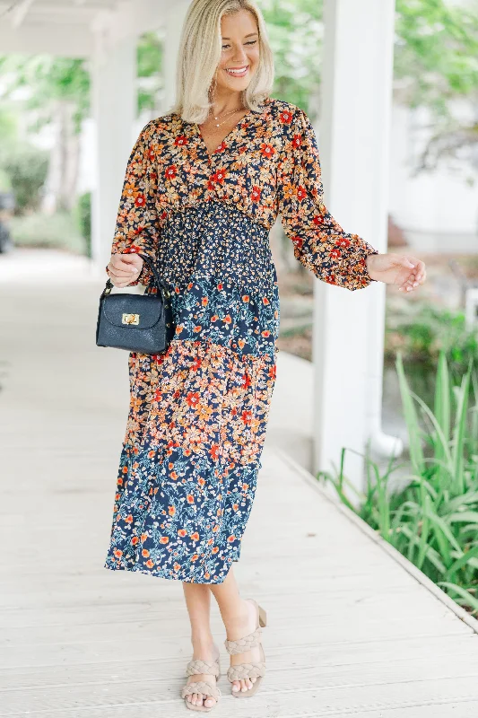 Go For It Navy Blue Ditsy Floral Midi Dress