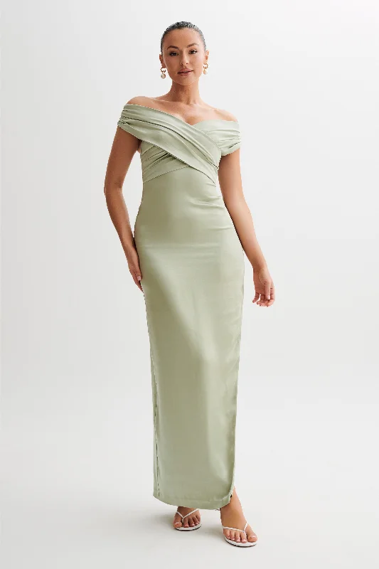 Harley Off Shoulder Satin Maxi Dress - Sage