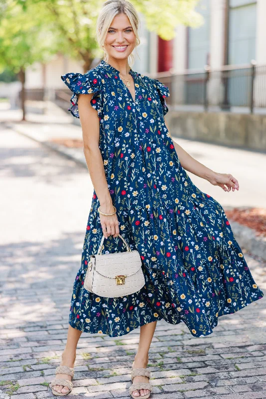 Just For Today Navy Blue Floral Midi Dress