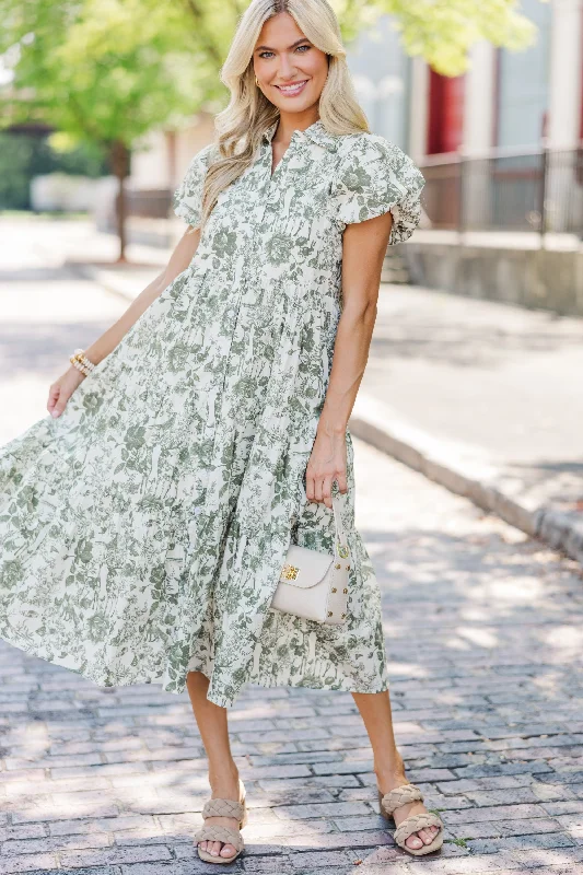 Perfect For You Olive Green Toile Button Down Midi Dress