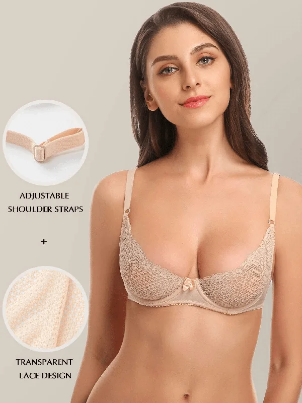 Unlined See Through 1/2 Cup Mesh Demi Shelf Underwired Bra Nude