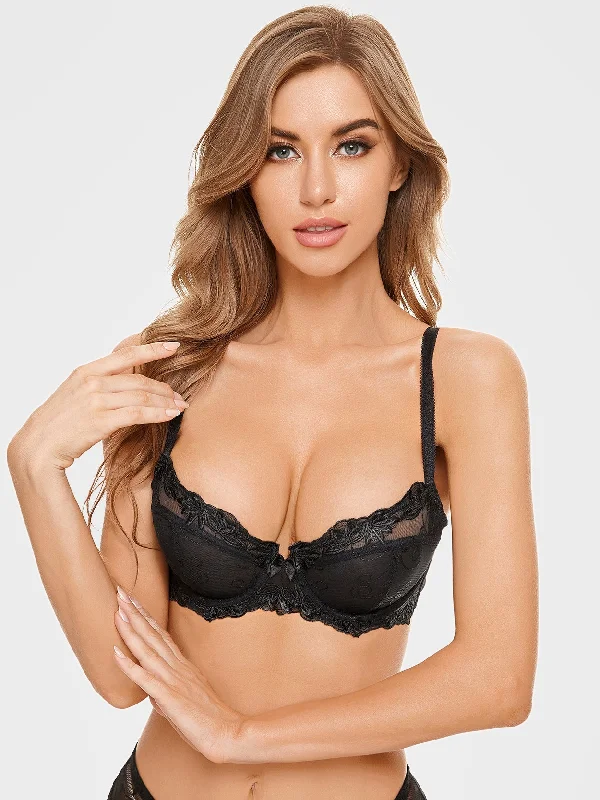 See Through Mesh Cups Non-pads  Embroidered Underwire Bra Black