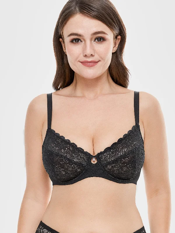 Underwire Sexy Lace Minimizer Unlined Bra Black