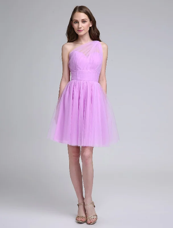 A-Line Bridesmaid Dress One Shoulder Sleeveless Knee Length Tulle with Ruched / Side Draping