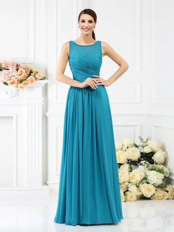 A-Line/Princess Bateau Pleats Sleeveless Long Chiffon Bridesmaid Dresses