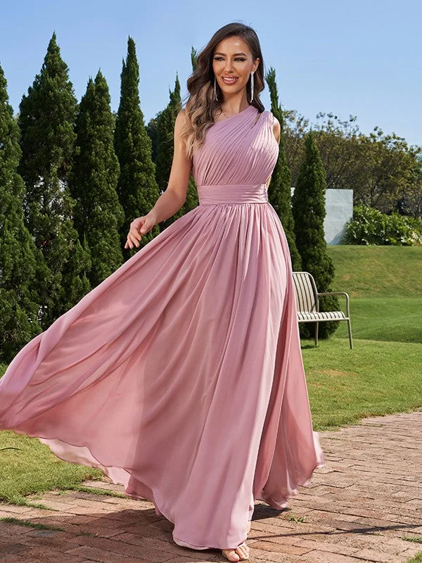 A-Line/Princess Chiffon Ruched One-Shoulder Sleeveless Floor-Length Bridesmaid Dresses