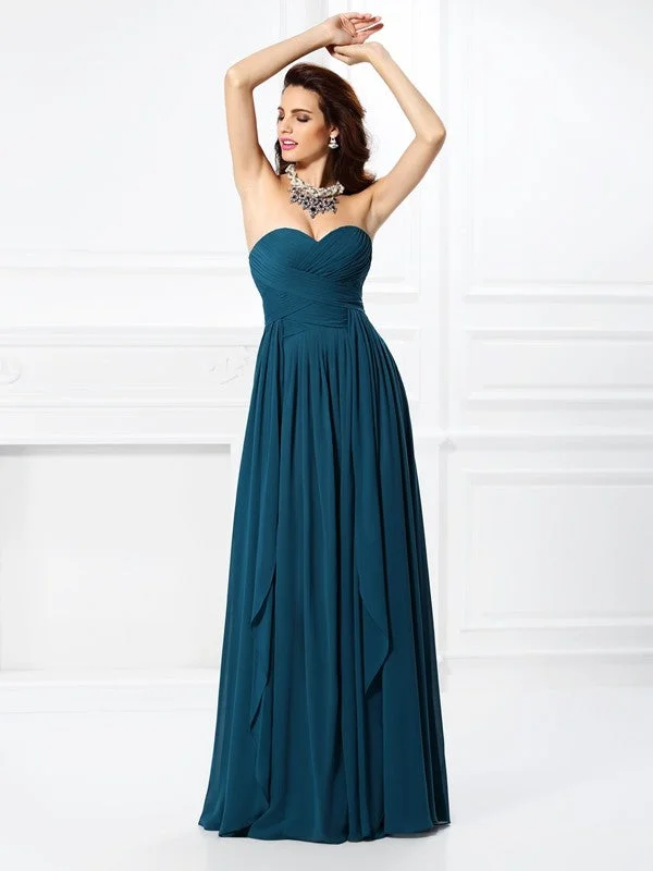 A-Line/Princess Sweetheart Pleats Ruffles Sleeveless Long Chiffon Bridesmaid Dresses