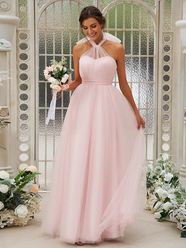 A-Line/Princess Tulle Ruffles Halter Sleeveless Floor-Length Bridesmaid Dresses