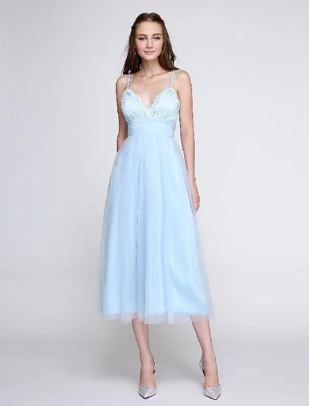 A-Line Spaghetti Strap Tea Length Lace / Tulle Bridesmaid Dress with Lace