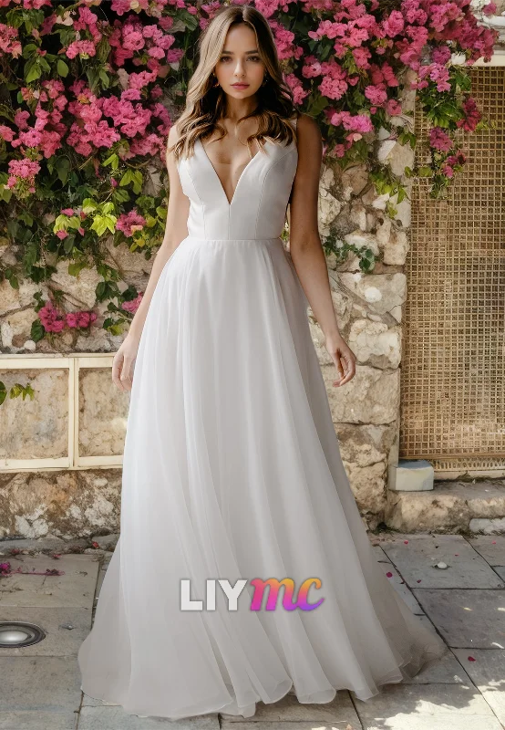 V-Neck Sleeveless A-Line Open Back Wedding Dress