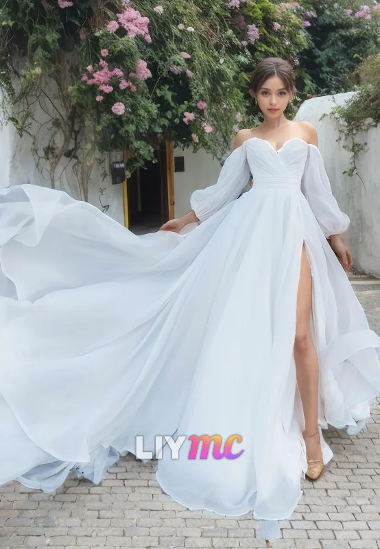 Off-Shoulder Long Sleeves Chiffon A-Lien Beach Wedding Dress