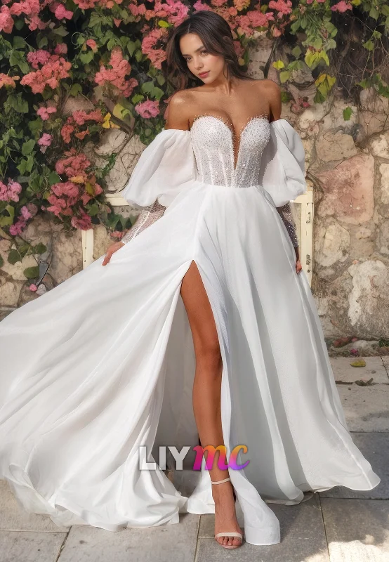 V-Neck Long Sleeves Chiddon High Slit Beach Wedding Dress