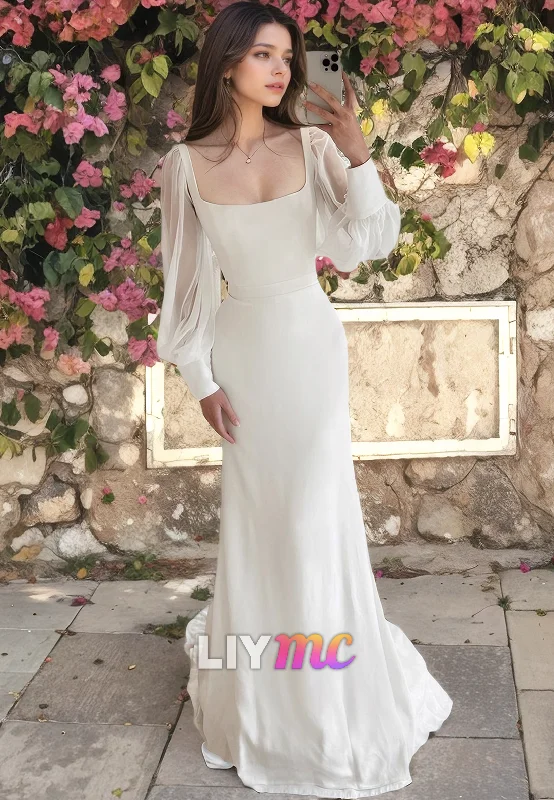 Square Long Sleeves Sleek Mermaid Beach Wedding Dress