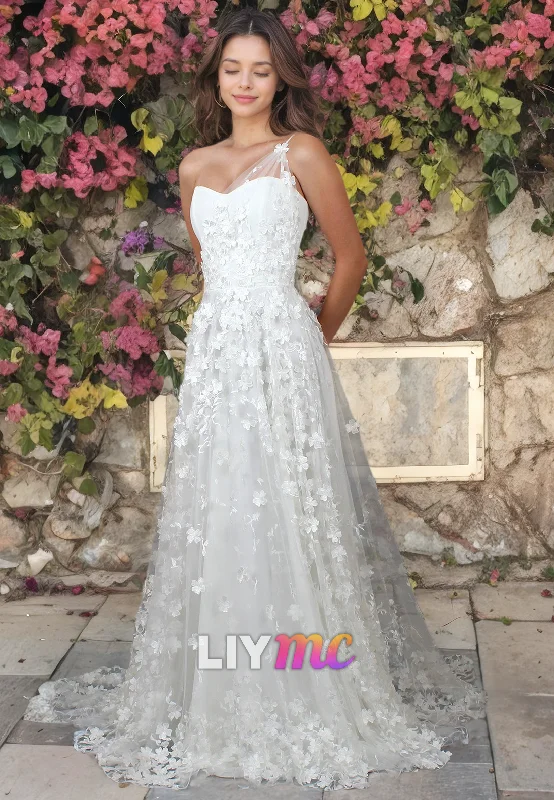 One Shoulder Sleeveless Floral Embellished A-Line Beach Wedding Dress