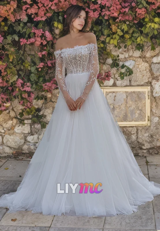 Off-Shoulder Long Sleeves Appliques Tulle A-Line Wedding Dress