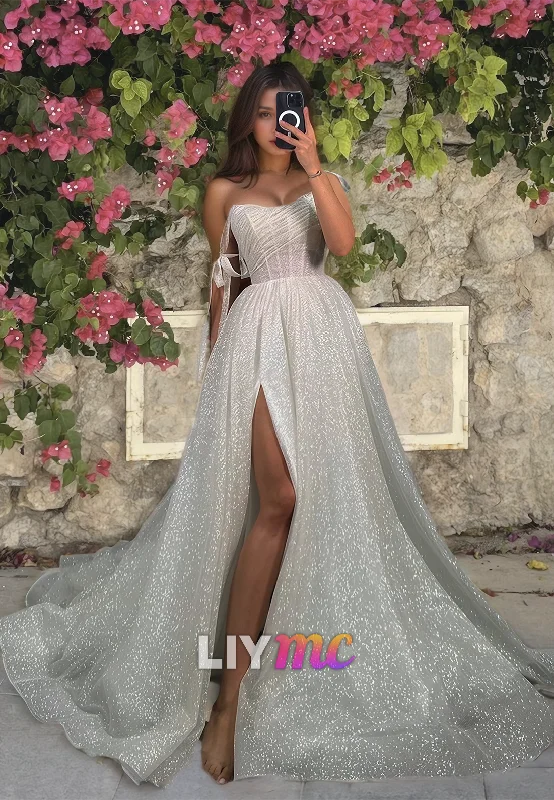 Off-Shoulder Strapless Sparkly Side Slit A-Line Wedding Dress