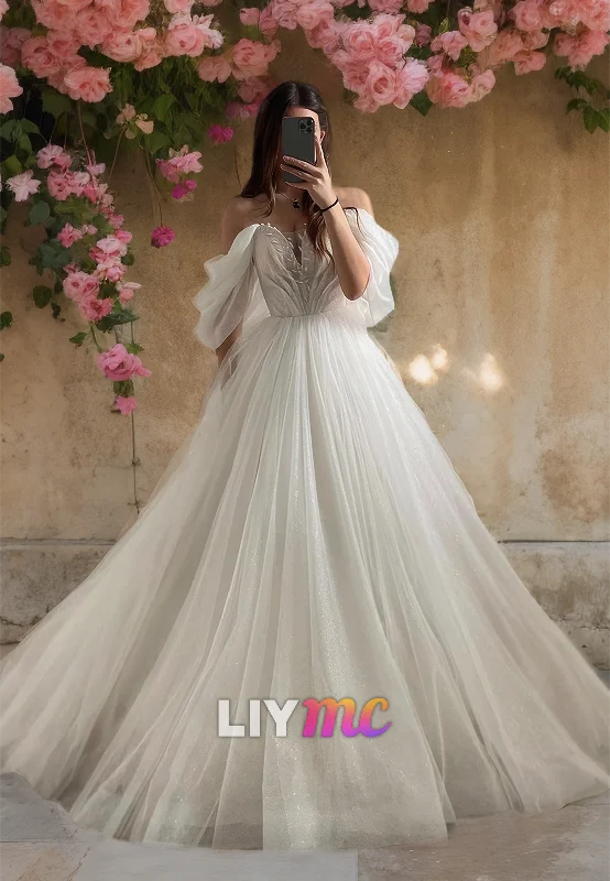 Off-Shoulder Strapless Tulle A-Line Ball Gown Wedding Dress