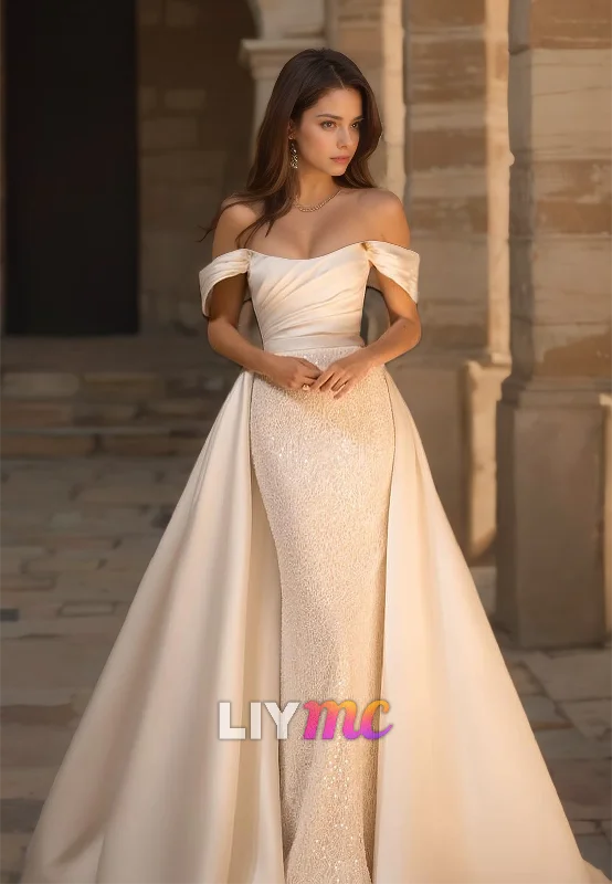 Off-Shoulder Strapless Beaded Mermaid Removable Train Wedding Dress