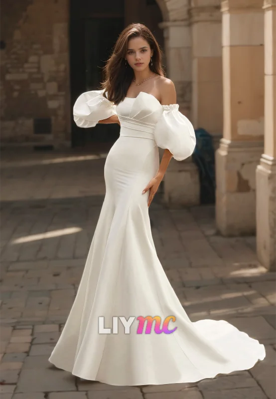 Straight Across Puff Sleeves Sleek Mermiad Wedding Dress