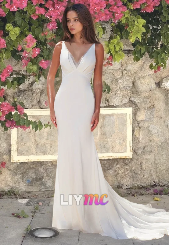 V-Neck Straps Sleek Simple Mermaid Beach Wedding Dress