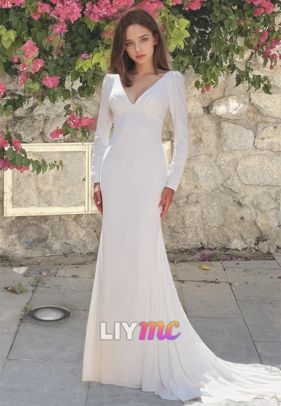 V-Neck Long Sleeves Sleek Mermaid Beach Wedding Dress