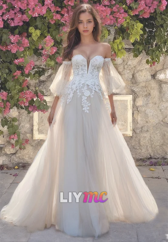 Sweetheart Sleeves Appliques Tulle A-Line Wedding Dress