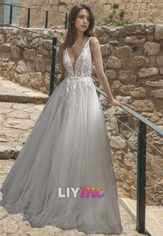 V-Neck Straps Appliques Tulle A-Line Wedding Dress