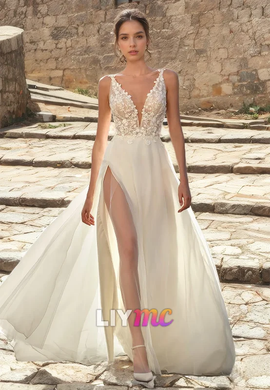 V-Neck Straps Appliques Tulle Side Slit A-Line Beach Wedding Dress