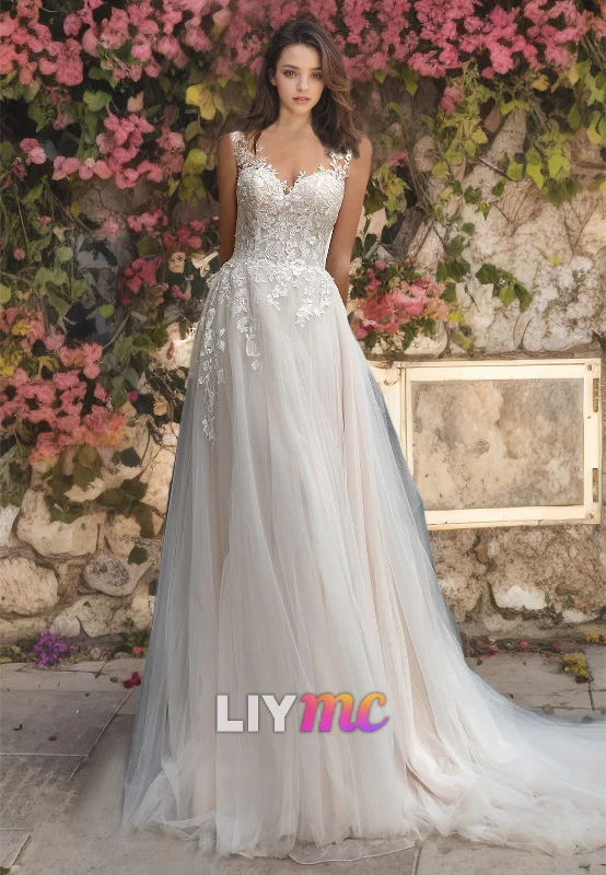 Sweetheart Straps Appliques Tulle A-Line Ball Gown Wedding Dress