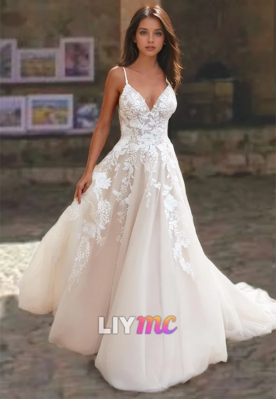 V-Neck Spaghetti Straps Appliques Tulle A-Line Wedding Dress